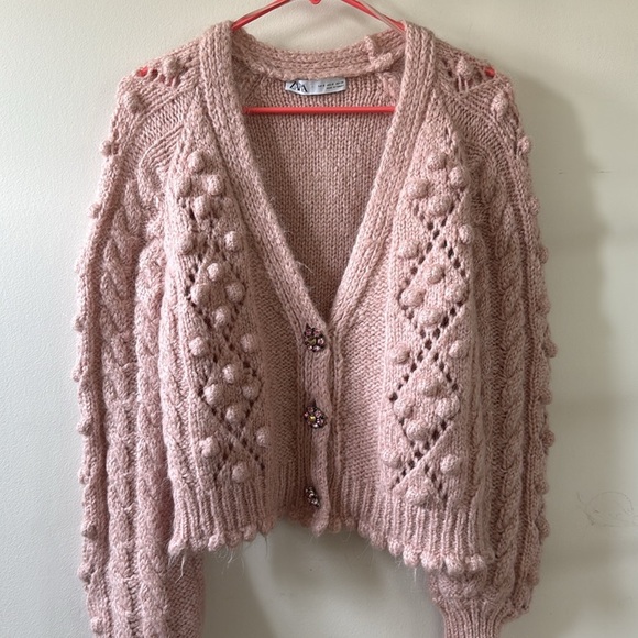 Zara Jewel Button Knit Cardigan Blush Pink Knit Sweater Size Small Loose Fit - Picture 6 of 16